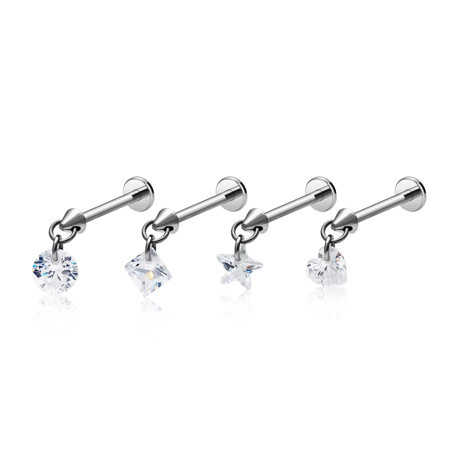 Titanium Star Heart Push CZ Labret Stud Earrings Children's Tragus Cartilage Lobe Helix Daith Inlaid Lip Studs Body Zircon