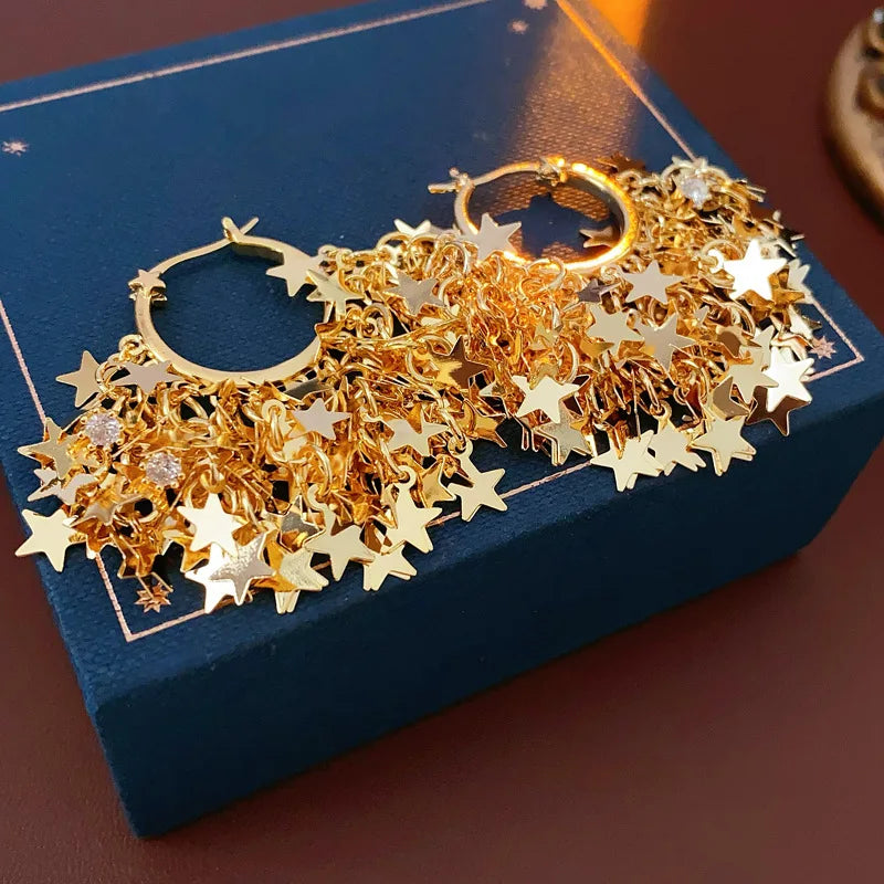 2025 New Arrival Fashion Jewelry Real Gold Zircon Star Tassel Ear Buckle Fashionable Earrings 18k Real Gold Star Hoop Earrings