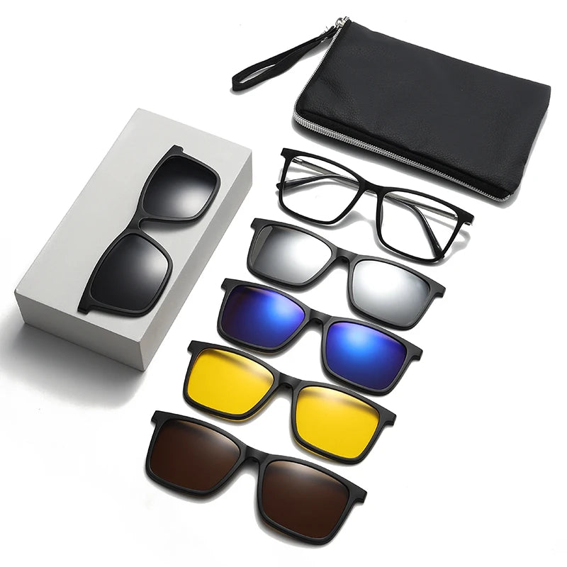 Sun Glasses Mirror Night Vision Glasses 5 in 1 Magnetic Clip on Sunglasses for Men