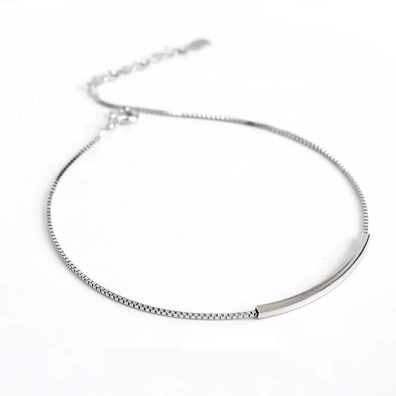 Wholesale Women Square Tube Curved Bar Box Chain Ankle Bracelets Silver Charm Anklets 925 Sterling