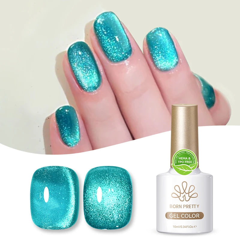 BORN PRETTY 10ml Unique Lake Blue Magnetic Gel Polish Odorless Shimmer Glitter Crystal Cat Eye Gel Nail Polish for Nail Art