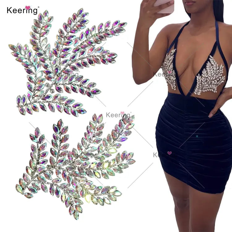 WRP-101 New Arrivals Hotfix Transfer Diamond Leaf Iron on Rhinestone Applique Crystal Patches