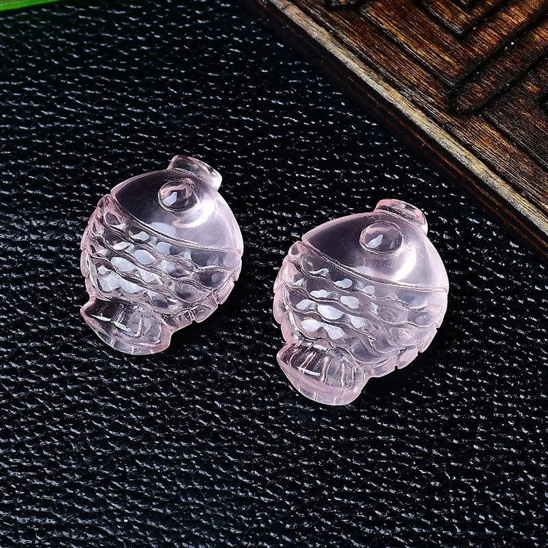 Feng Shui Style Natural Rose Quartz Fish Pendant and Rough Stone Carved Bracelet Necklace Accessory for Abundance Every Year