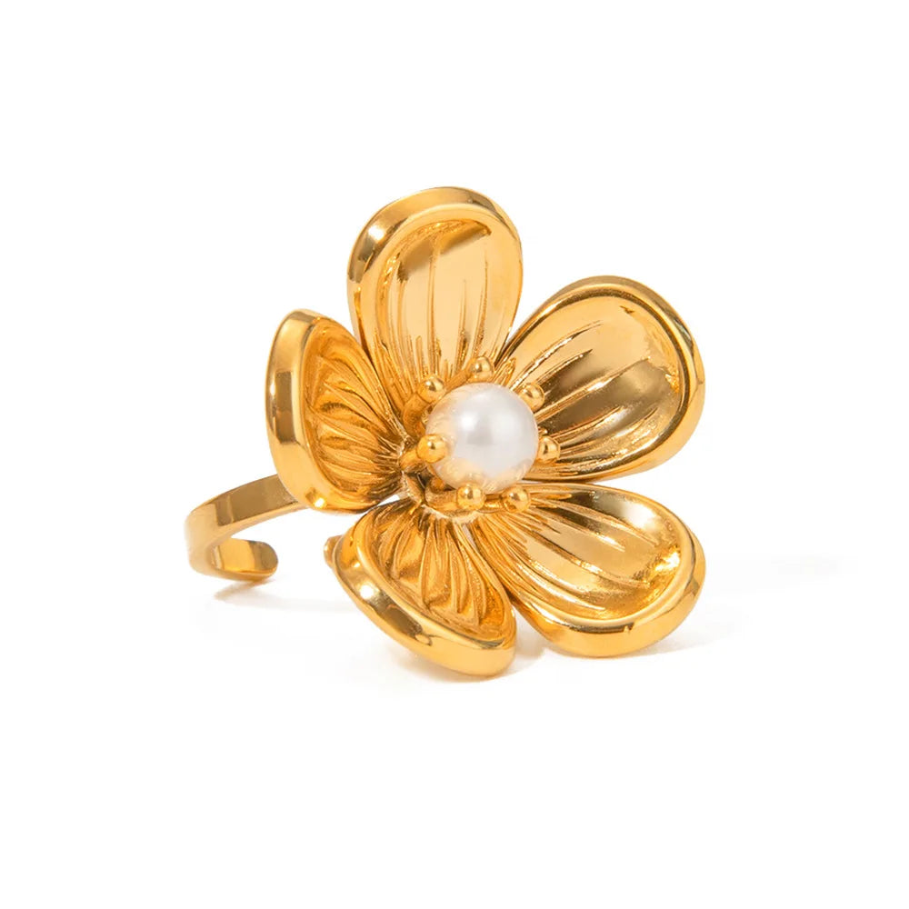 Fashion Waterproof Open Ring Jewelry 18K Gold Plated Stainless Steel Flower Pearl Adjustable Finger Rings for Women Gift