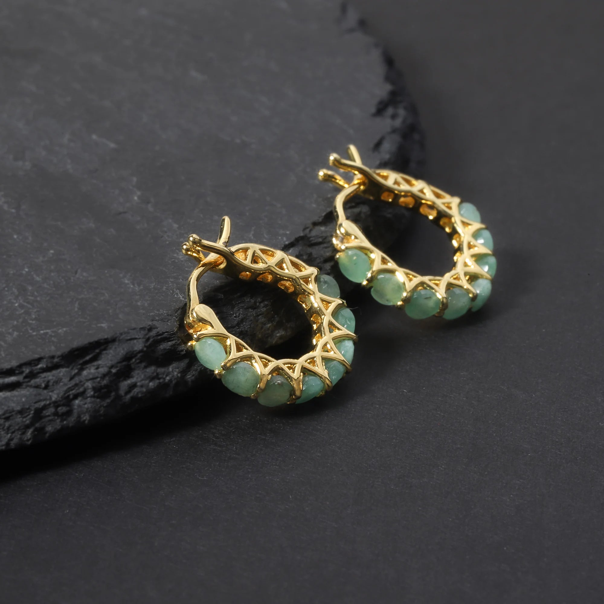 RZ0014 Abiding Fine Jewelry Custom Inside Outside Hoops Natural Green Emerald Gemstone 925 Sterling Silver Bling Hoop Earrings
