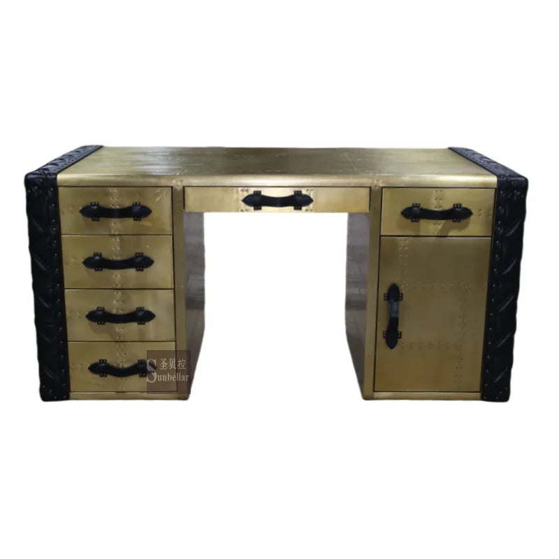 OEM ODM Executive Industrial Gold Brass Top Grain Leather for Desk Storage Drawers Luxury Office Desk Eco-Friendly Durable