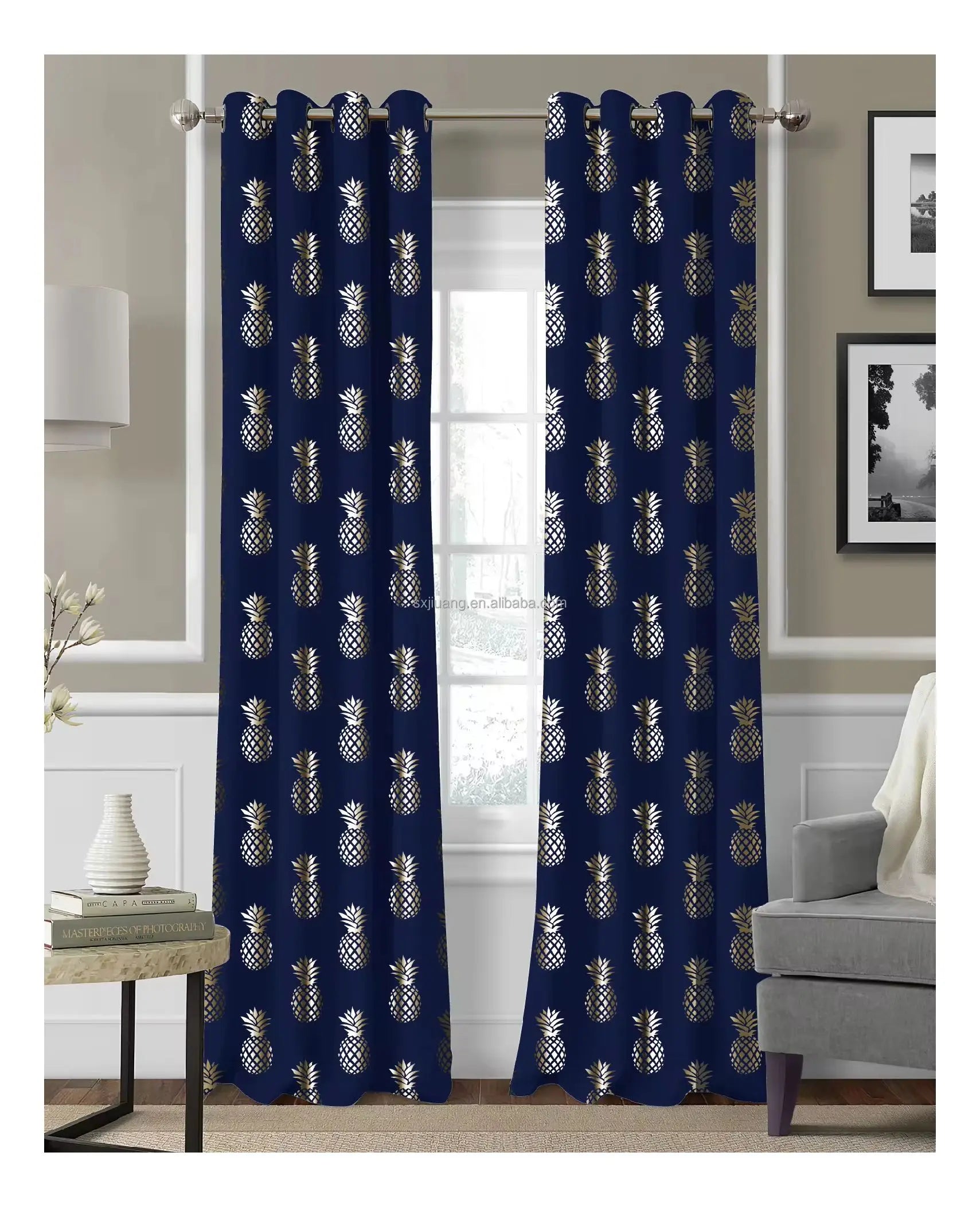 Modern European Style Custom Fabric Foil Printed Pineapple Pattern Polyester Blackout Window Curtain High Shading for Living