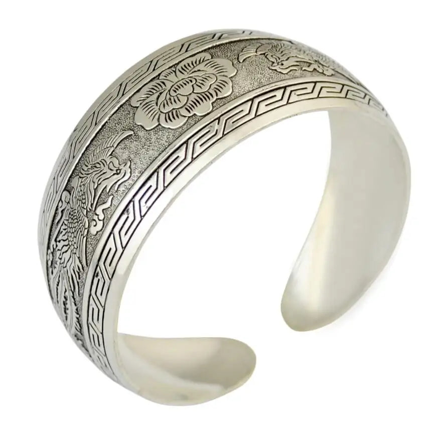 Vintage Silver Carved Spiral Flower Connecting Branches Pattern Wide Band Open Cuff Bracelet Bangle for Adult