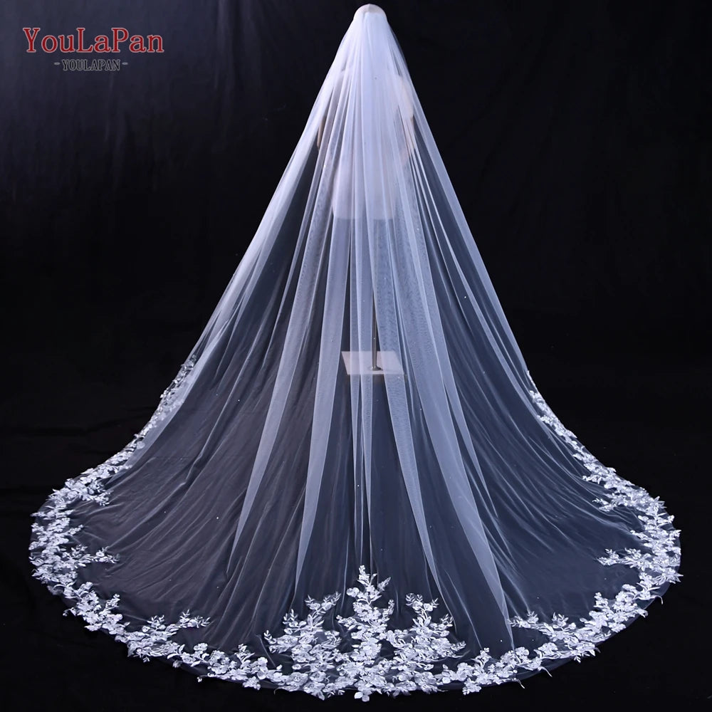 YouLaPan V206 R Classic Bridal Wedding Veil 3M Long Embroidery Flower Trim Pearl Big Trailing Veil Soft Tulle Cathedral Sail