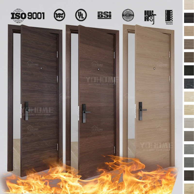China Yohome Customized Oak Wood Veneer Fire Rated Doors 30/ 32 /36 Inches Guest Room Door Soundproofing Hotel Fire Doors