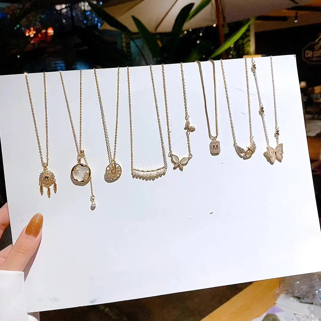 SC Wholesale Gold Geometric Necklace Fashion Stainless Steel Necklace Zircon Pearl Star Planet Bow Butterfly Necklace for Women