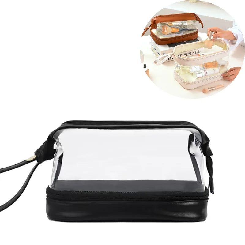Stylish Double-Layer PU Leather Makeup Organizer Custom Big-Capacity Travel Cosmetic Bag Zipper Closure Waterproof Cloud Design