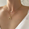 ZL-60 Accessories Alloy Necklaces Jewelry for Women Multi Double 2 Layers Simple Metallic Pearl Moon Pendant Necklace