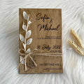 Customized Unique Engraving Text Wooden Invitation with Dried Flowers and Jute Rope for Wedding Event Invite