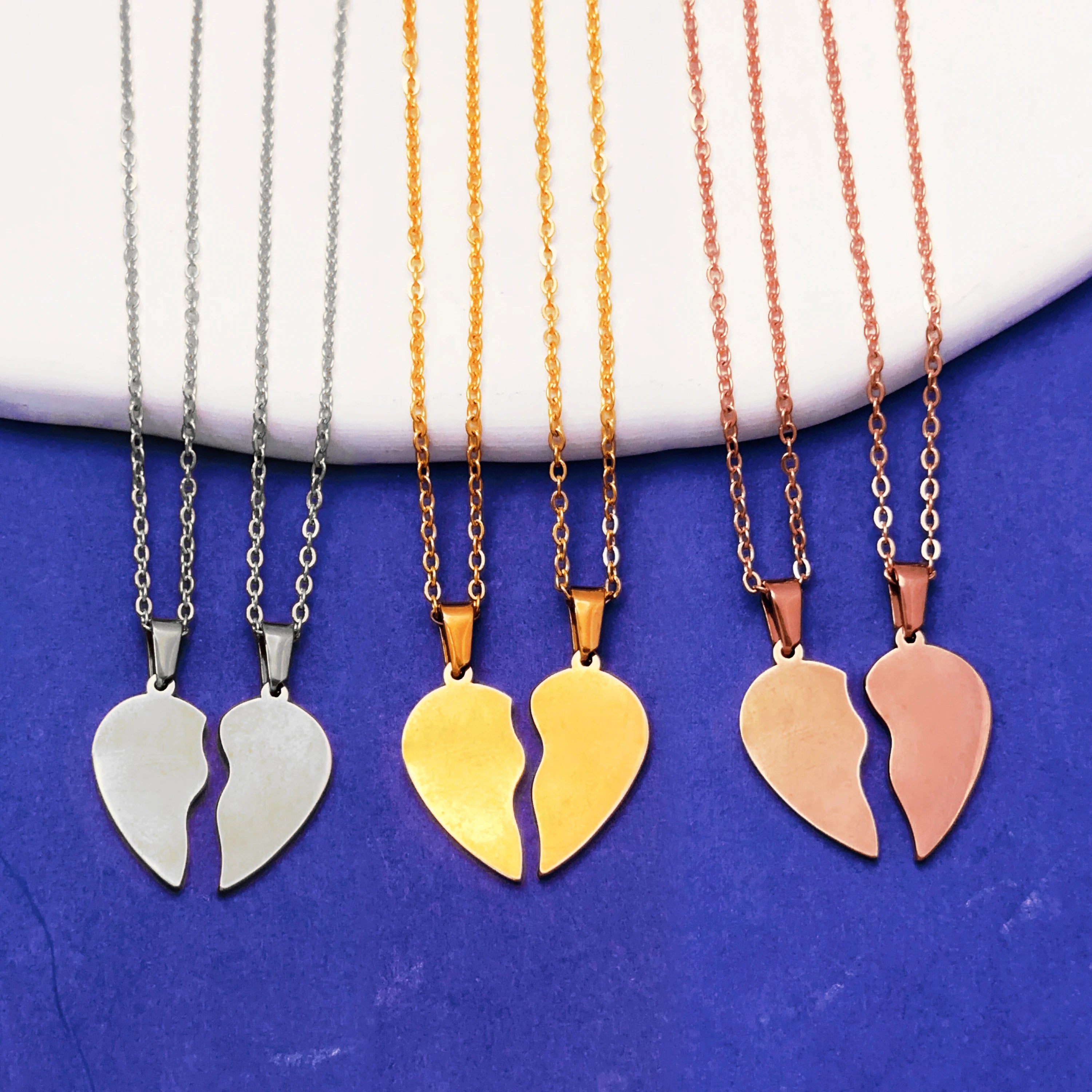 316L Stainless Steel Jewelry Blank Spilt Heart Pendant Custom Logo Engraving Couple Broken Heart Pendant Necklace Set for Women
