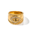 Fashion Girls Stainless Steel 18K Gold Plated Diamond Set Zircon Eyes Lucky Charm Ring Wide Rim Stubby Gift Jewelry