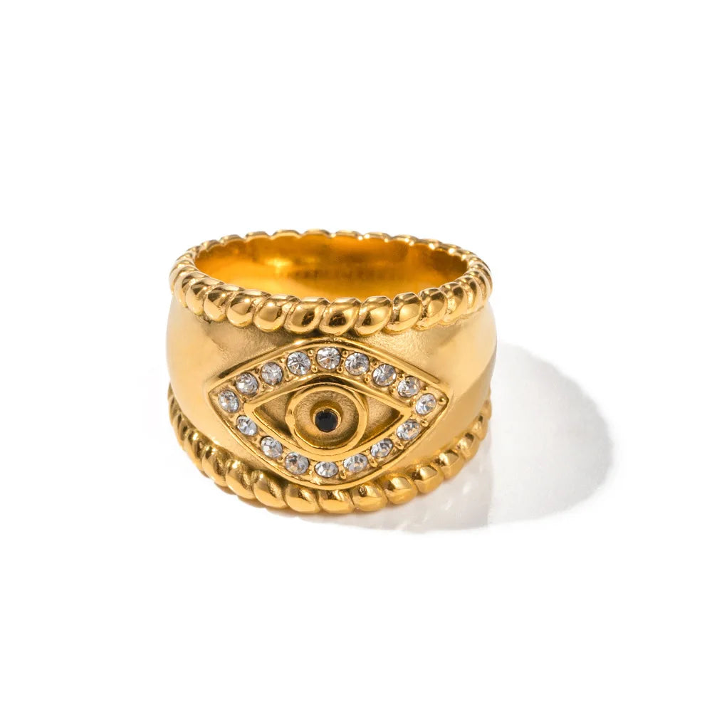 Fashion Girls Stainless Steel 18K Gold Plated Diamond Set Zircon Eyes Lucky Charm Ring Wide Rim Stubby Gift Jewelry