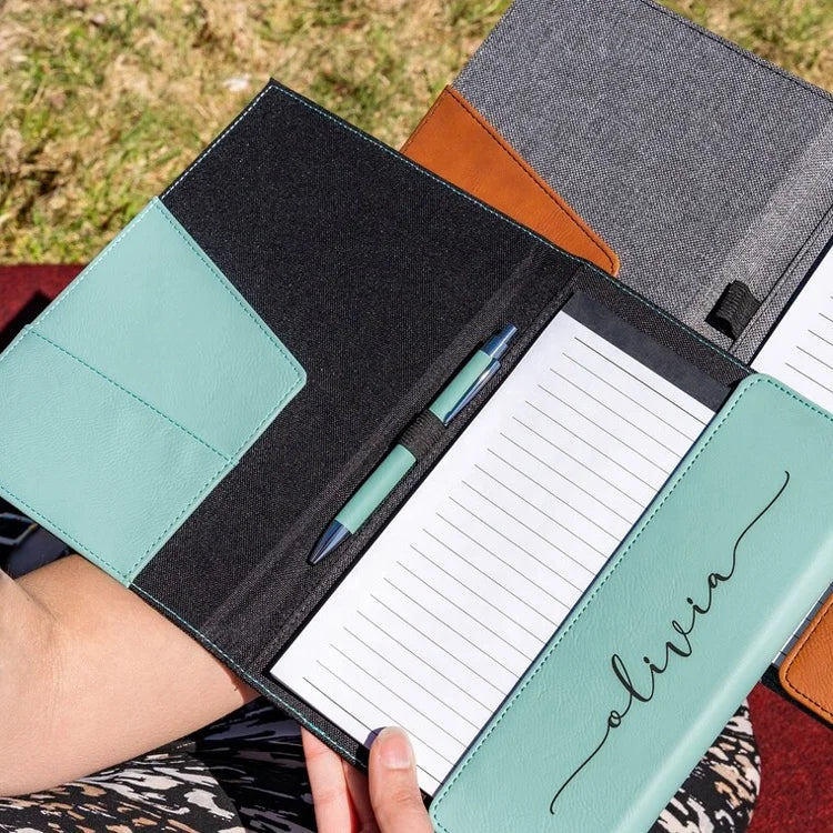 Multifunctional Custom Waterproof Engraved Portfolio Notepad Clip Notebook Folder Writing Pad PU Leather Padfolio With Pen Loop