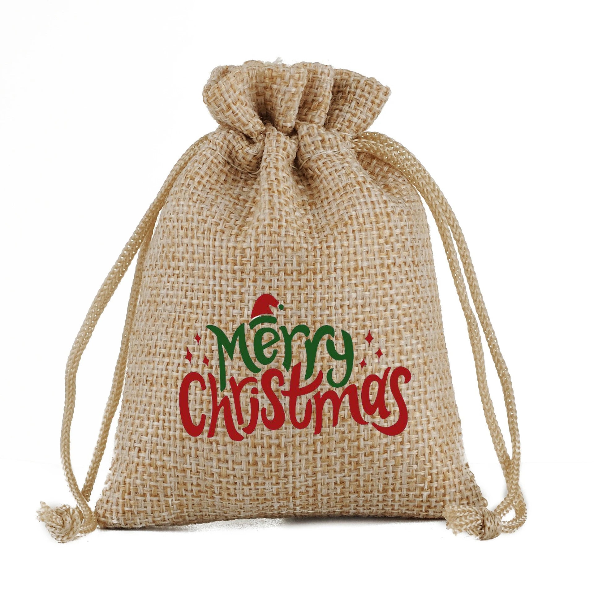 Custom Logo Beautiful Small Jute Drawstring Cotton Bags for Student Christmas Present Wrapping Elegant Christmas Candy Wrapping
