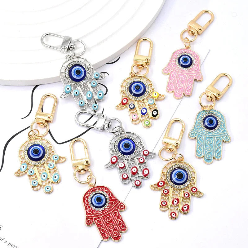 Hamsa Keychain Evil Eye Rhinestone Keychain Alloy Promotion Metal Keychain Accessory Kit Charm Gift