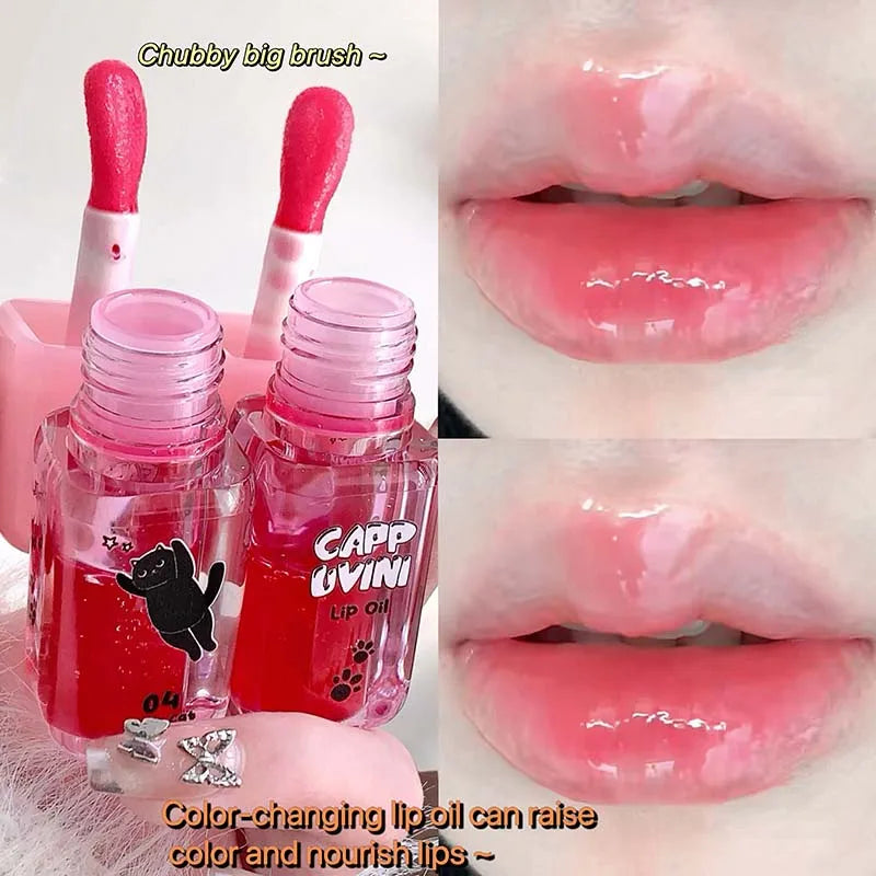 Cappuvini Dynamic Cat Colored Lip Oil Fades Lip Lines Transparent and Fine Glitter Tinted Nourishing High-Shine Lip Plumper