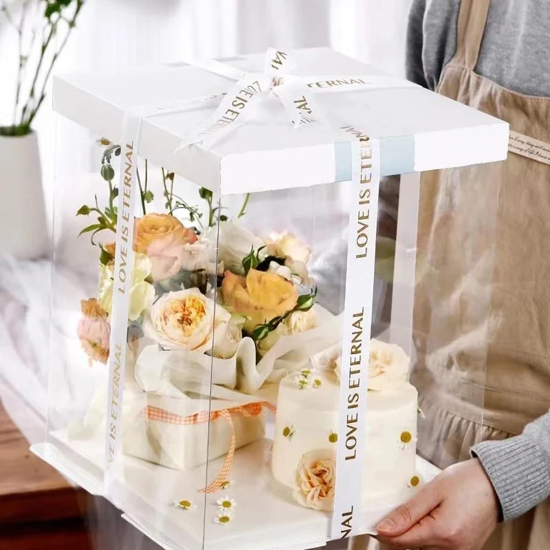 Clear Gift Box with Ribbon Transparent Cake Carrier Box with Lids PET Tall Cake Packaging Boxes Clear Gift Boxes for Birthday