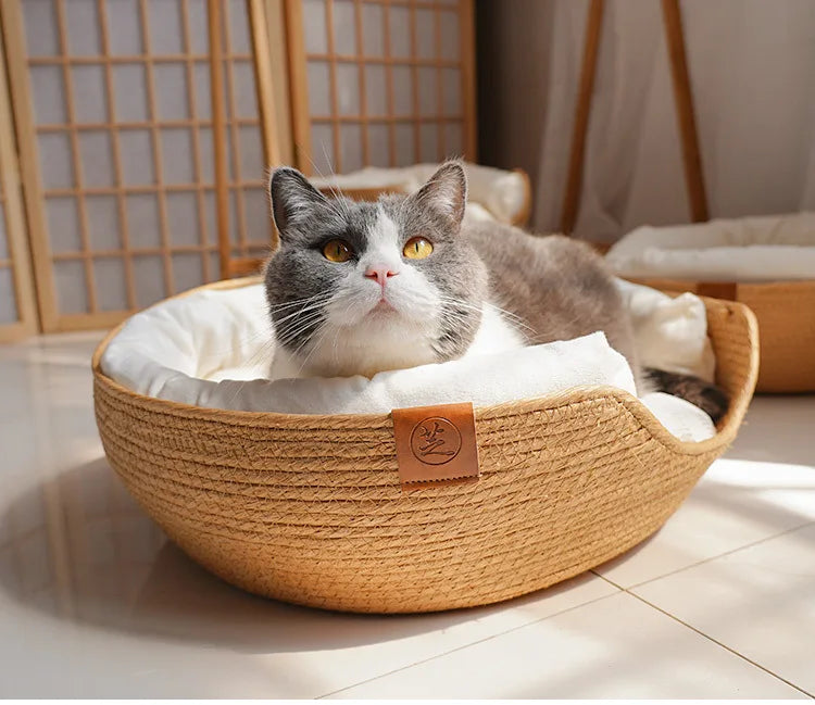 China Wholesale Custom Breathable Waterproof Japanese Style Cats Nest Handmade Knitted Round Rattan Dog Pet Bed