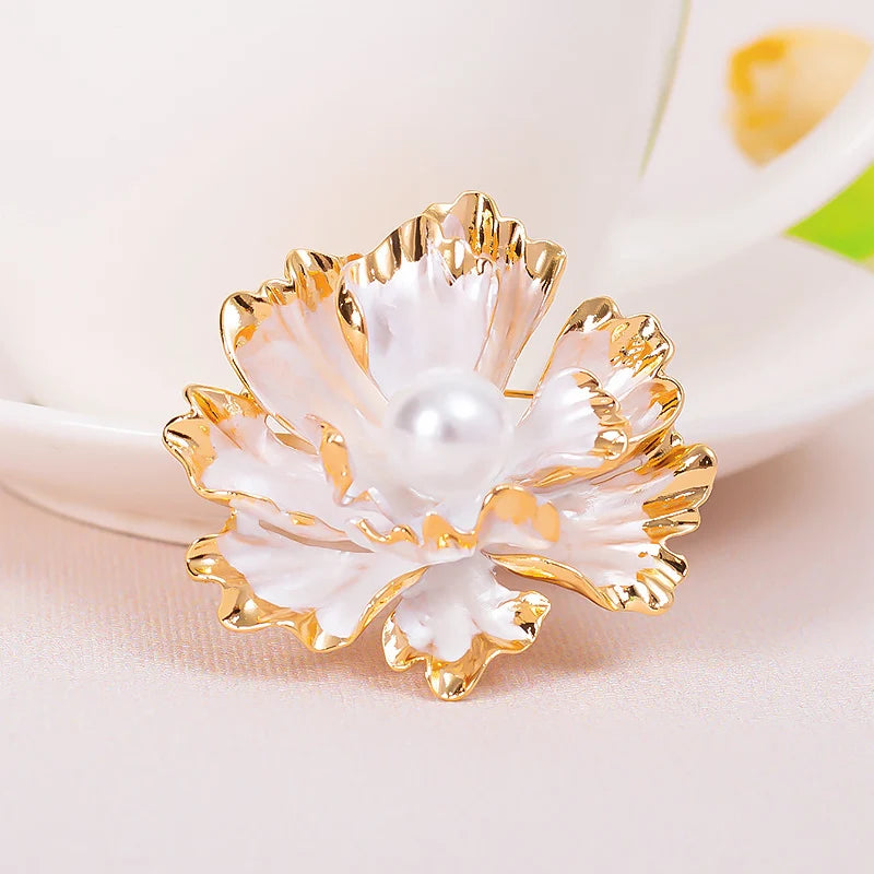 Elegant Accessories Gold Plated Pearl Floral Brooch Pin Women Blue White Enamel Peony Flower Brooch