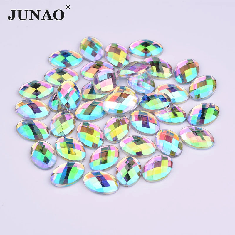 JUNAO 13*18mm Big Size Oval Diamond Non Sewing Crystal Stones Flatback Acrylic Crystal AB Rhinestone for DIY Crafts