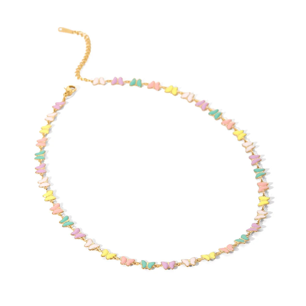 18k Gold Stainless Steel Dripping Oil Jewelry Colorful Enamel Butterfly Choker Necklace for Women