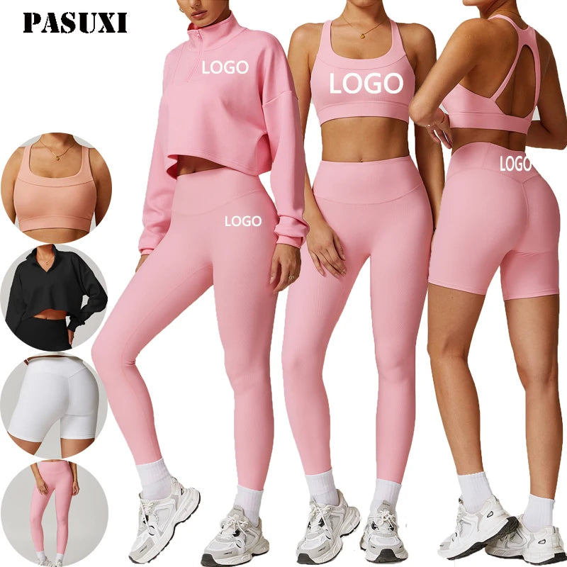 PASUXI Custom Gym Clothes 4 Piece Yoga Active Wear Leggins Set Long Sleeve Sports Suits Women Gym Fitness Sets