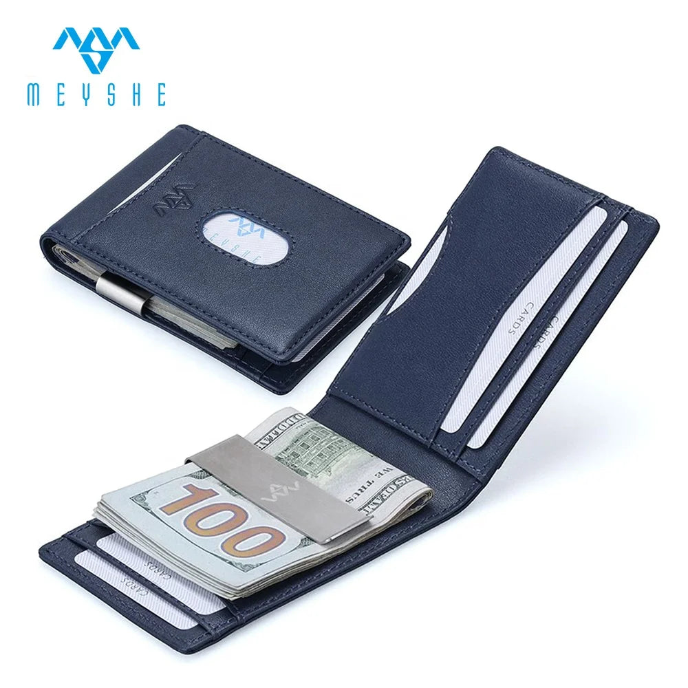 Factory Hot Sales Navy Full Grain Genuine Leather Male Slim Wallet Money Clip