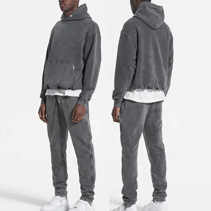 Heavyweight Acid Wash Hoodie and Sweatpants Set Plain Blank Vintage Sweat Suits Tracksuits for Men
