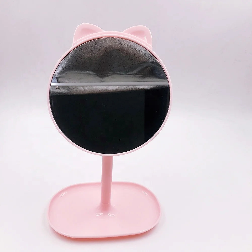 Personalized Round Pink/White Makeup Standing Mirror 1X Magnifying Glass Rotatable Desktop Hair Styling Combs