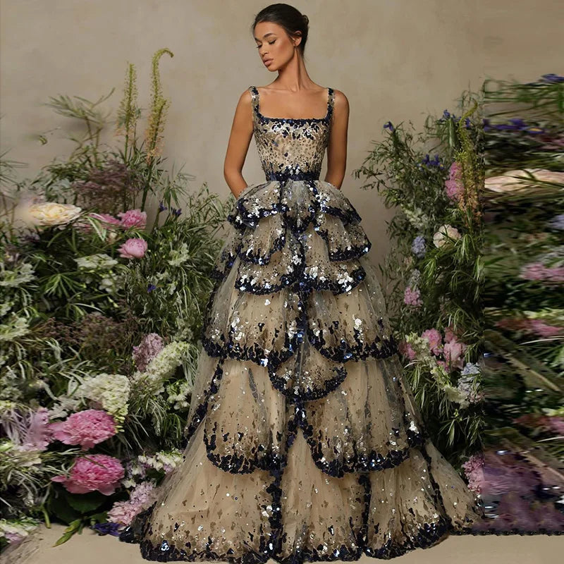 LSCZ31 Hot Sale Sleeveless Dinner Gown Luxury Women Petal Speckle Evening Dresses