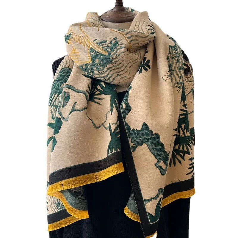 2024 Luxury Floral Print Scarf for Warm Winter Imitation Cashmere Pashmina Scarves Shawls Female Thick Blanket Wraps Foulard