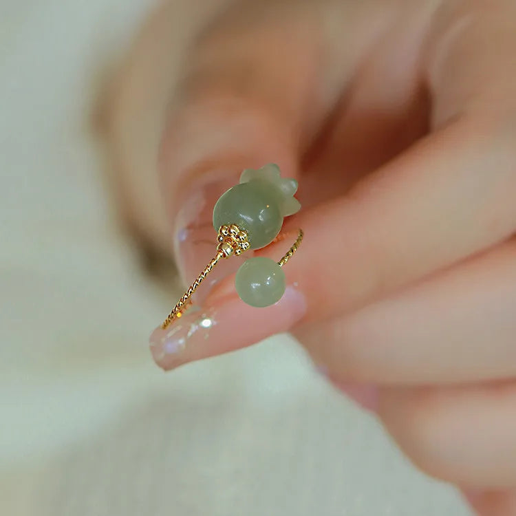 Chinese Style Classic Natural Hetian Jade Bell Orchid Flower Ring for Women Crystal Agate Geometric Ring Jewelry