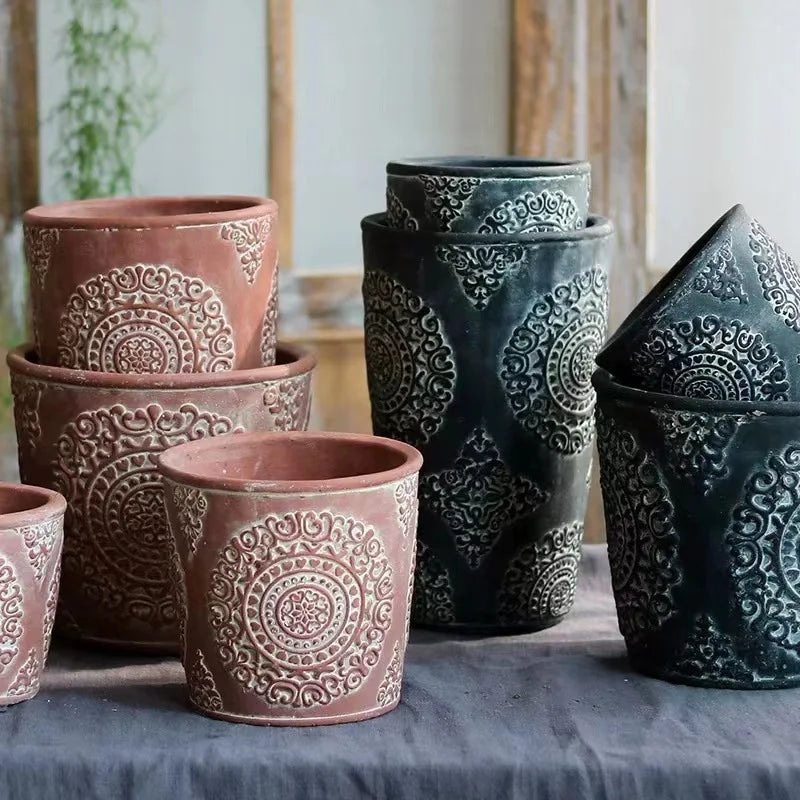 P64 Retro African Element Round Cylinder Flower Pot Planter for Indoor & Outdoor Home Decor Nursery Garden Stylish Cement Design