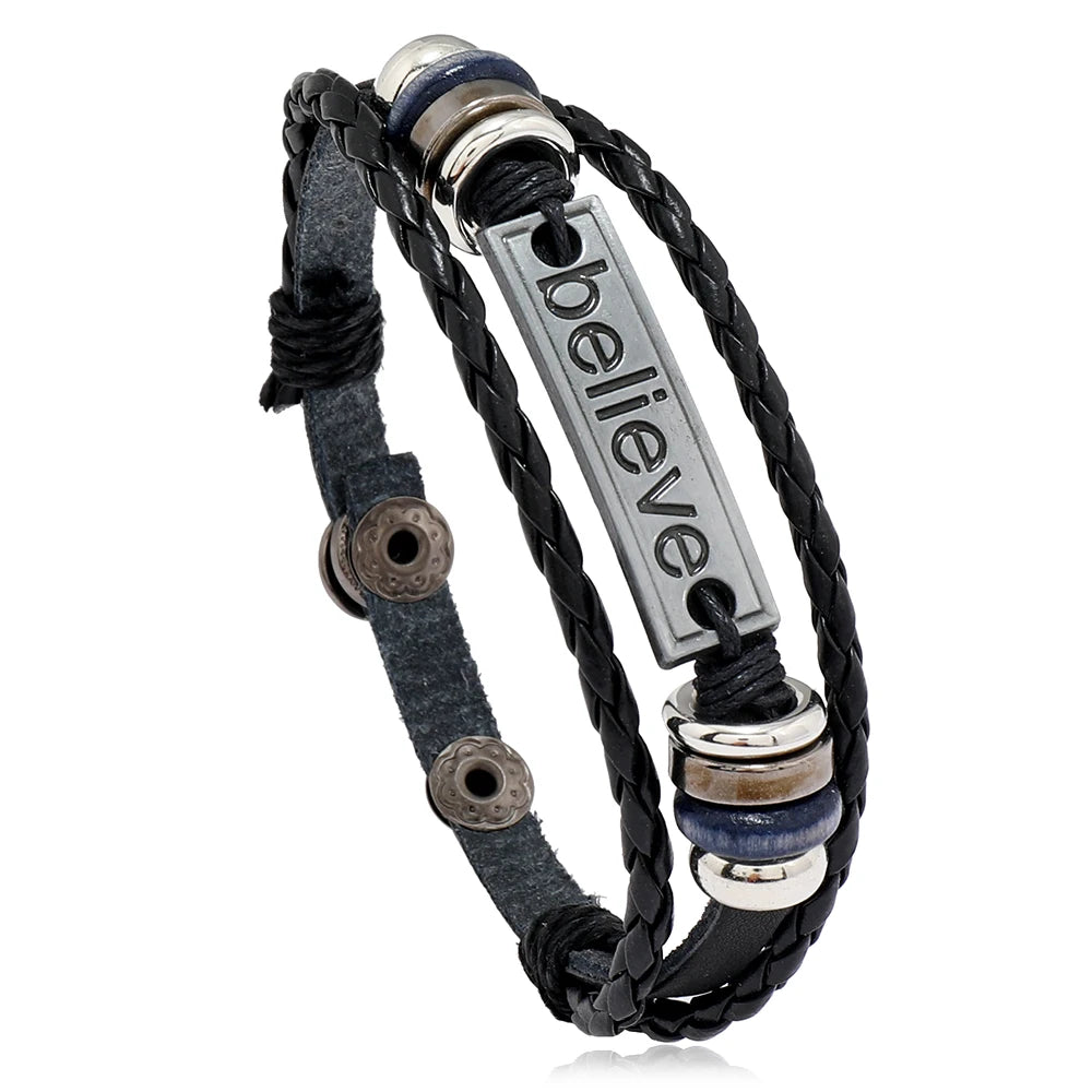 New Arrival Handmade Leather & Alloy Punk Cuff Bracelet with Antique Silver Plating Geometric Design for Men's Fashion