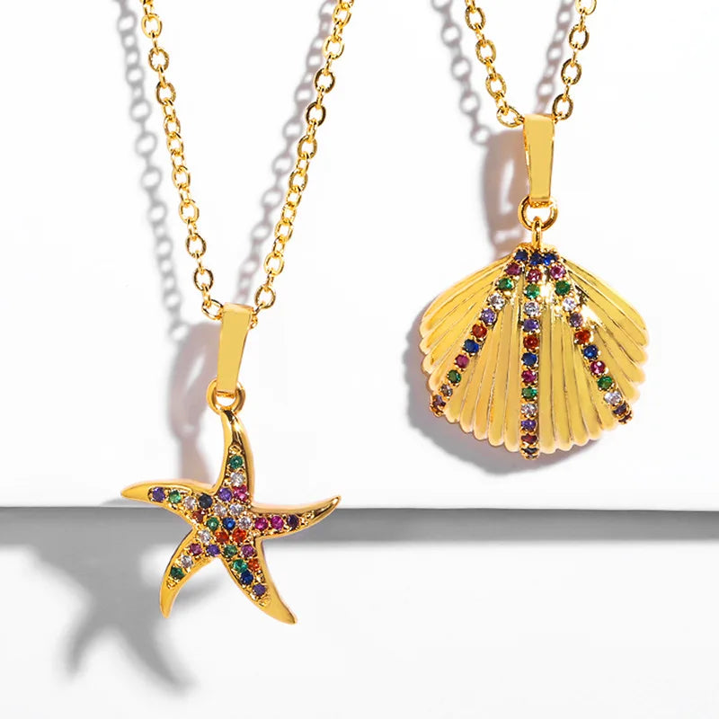 Colorful Gold Plated Sea Star Shell Zircon Necklace New Geometric Star Shell Shape Pendant Necklace Link Trendy Christian Symbol