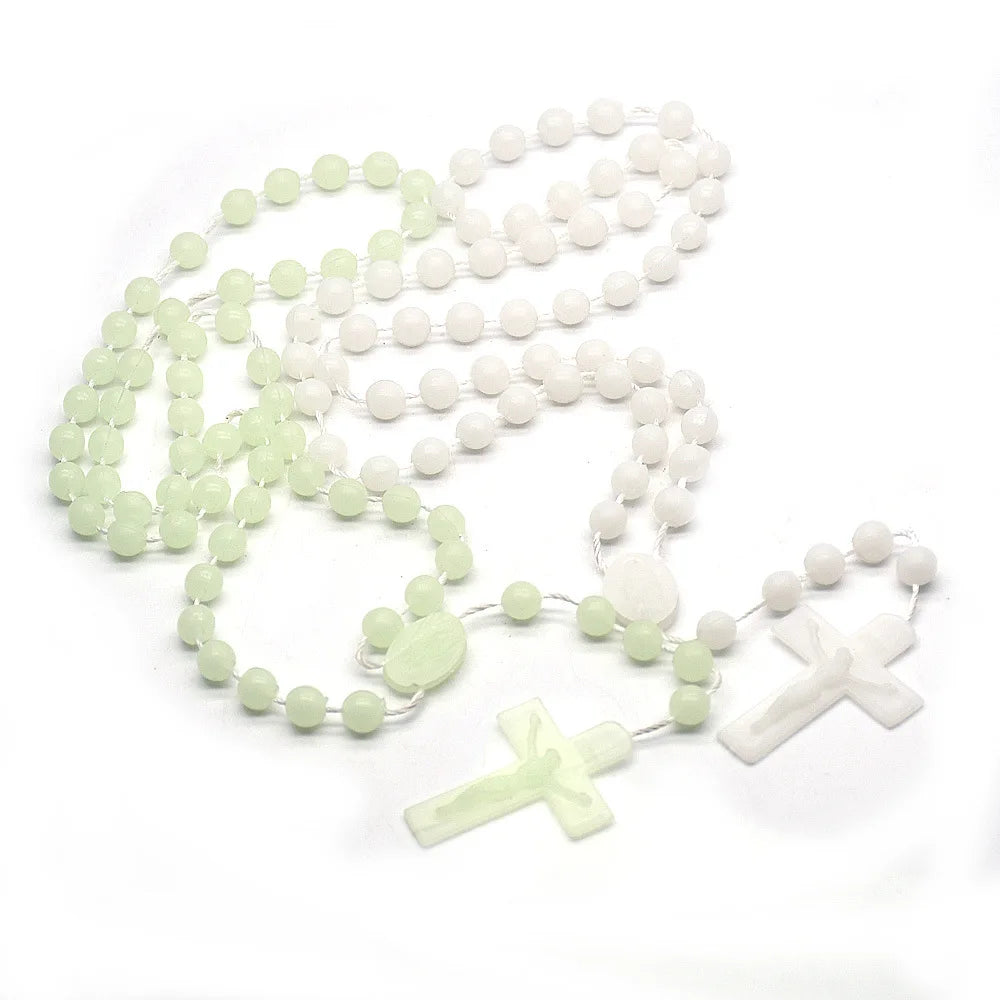 Wholesale Cross Religious Rosary Necklace Church Gifts Cheap 8mm Luminous Nightlight Beads Cross Jesus Necklace for Jesuits