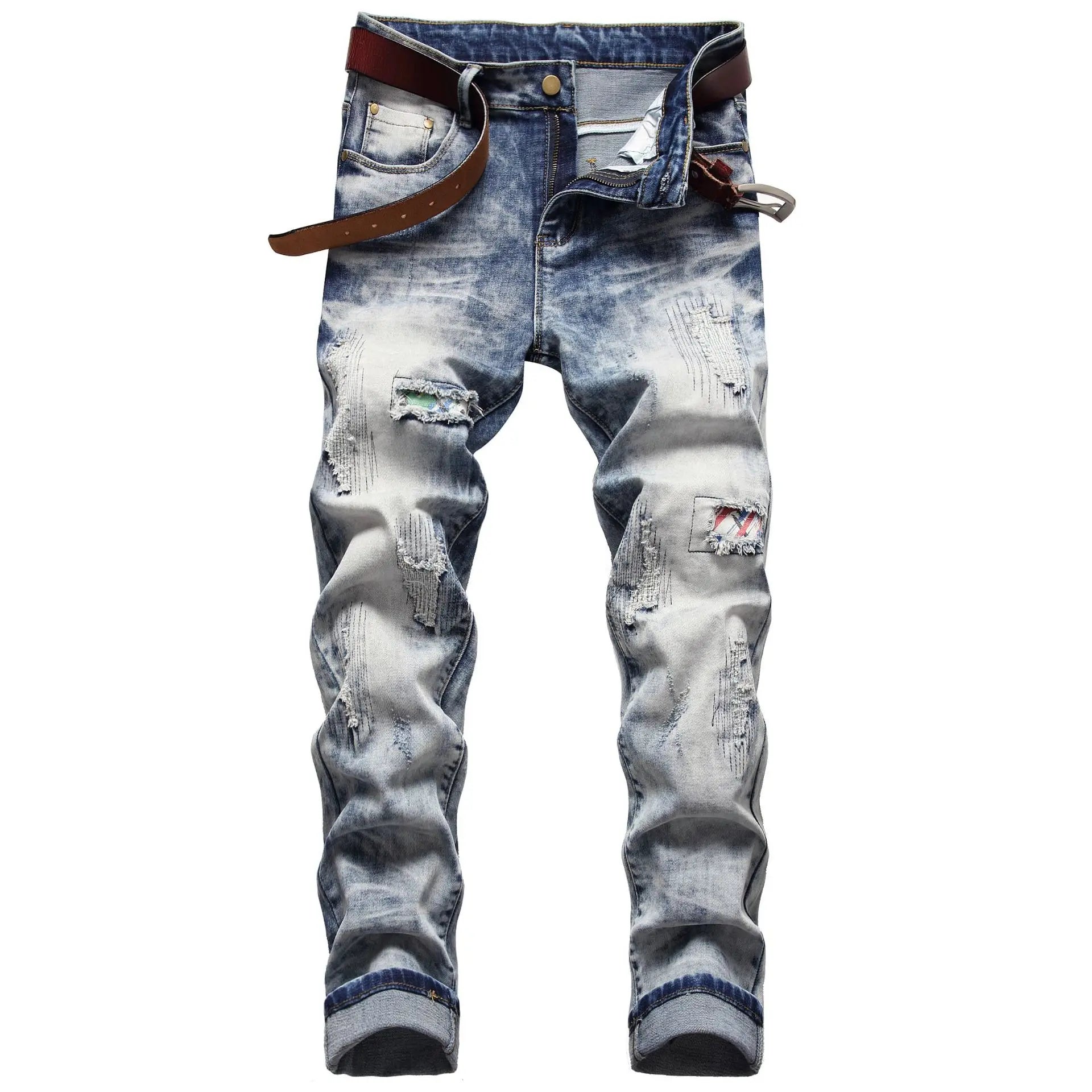 Nostalgic Stretch Hole Embroidery Breathable High Street Straight Jeans for Men Spring Fashion