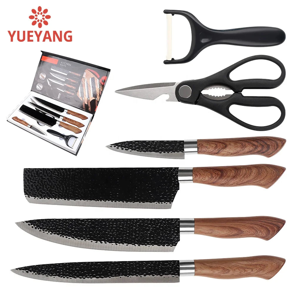 YUEYANG 6pcs Stainless Steel Kitchen Gadgets with Wooden Coating Handles Dainty Chef Knife Set for Cooking & Baking