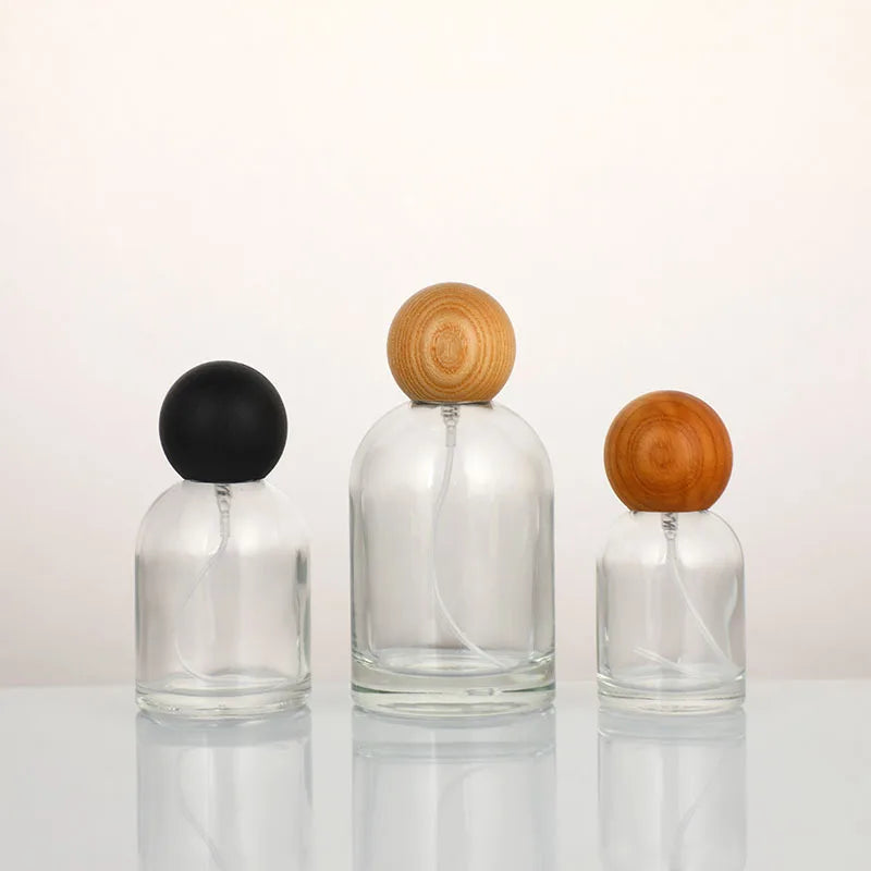 Wholesale Empty 30ml  50ml Crimp Clear   Perfume Spray Glass Bottle with Ball  Cap