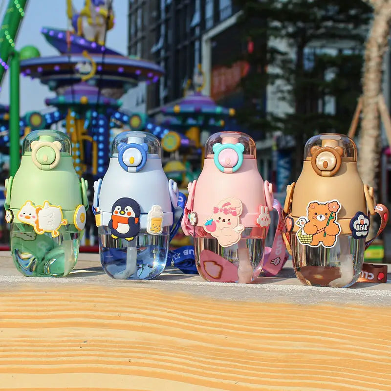 BPA Free Cartoon Cute Plastic Cup High Temperature Portable Straw Cup Diagonal Strap Water Bottle  Cute Water Bottle