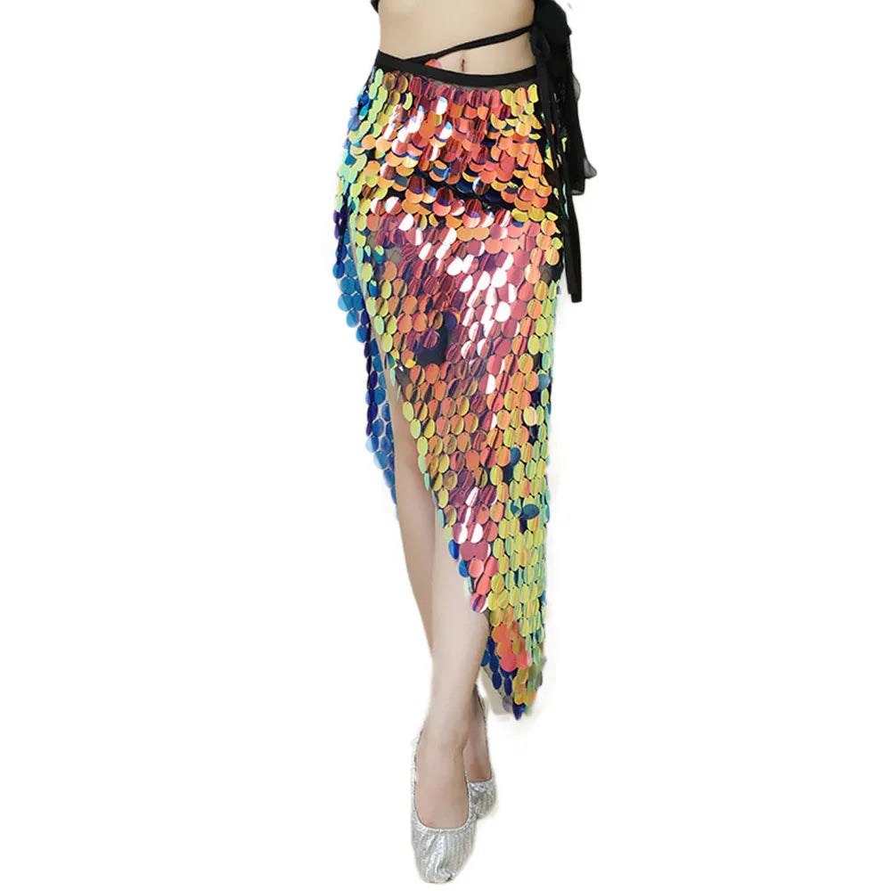 Extended Colored Sequined Handmade Polyester 95cm Mermaid Wrap Waist One Piece Hip Scarf Skirt for Belly Dance Performance Wear