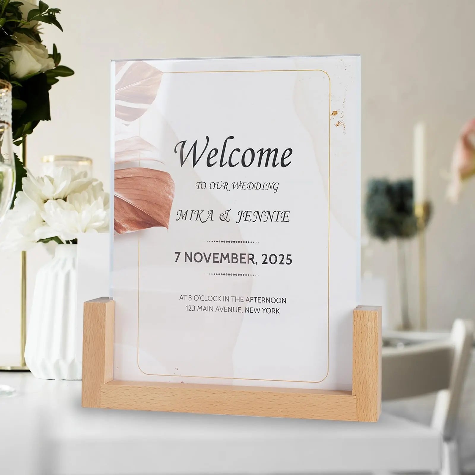 Custom Transparent Acrylic Wedding Sign Menu Stand Table Numbers Holders Acrylic Wooden Base Sign Stand