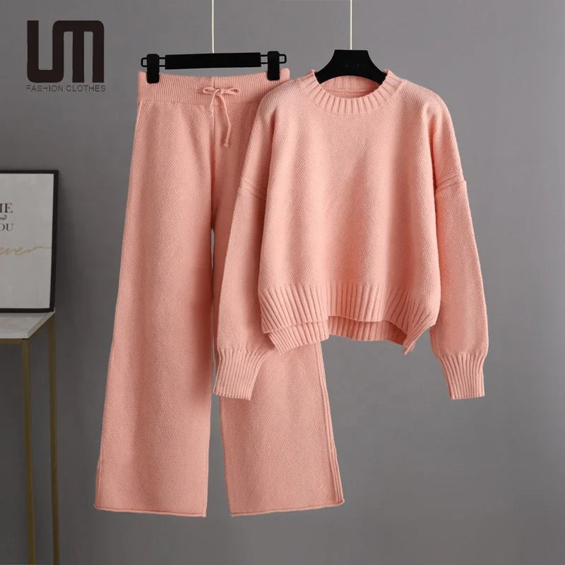 Liu Ming Latest Design 2025 Autumn Casual Women O Neck Knitwears Sweater Pullover Tops High Waist Wide Leg Pants Outfit