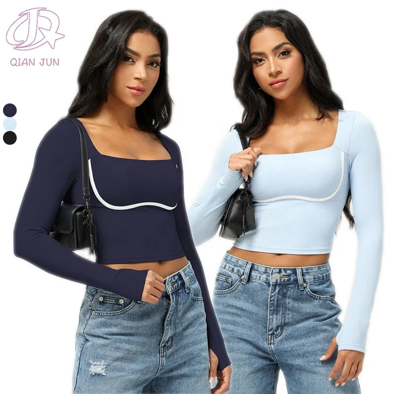 Women's New Fashionable Casual Gym Tops Long Sleeve Yoga Crop Tops With Chest Pad for Running Fitness Sportswear
