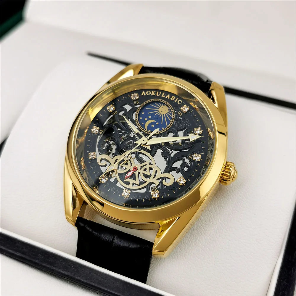 Aokusaic Automatic Mechanical Watch Men's Business Fashion Leisure Top Brand Waterproof Leather Clock